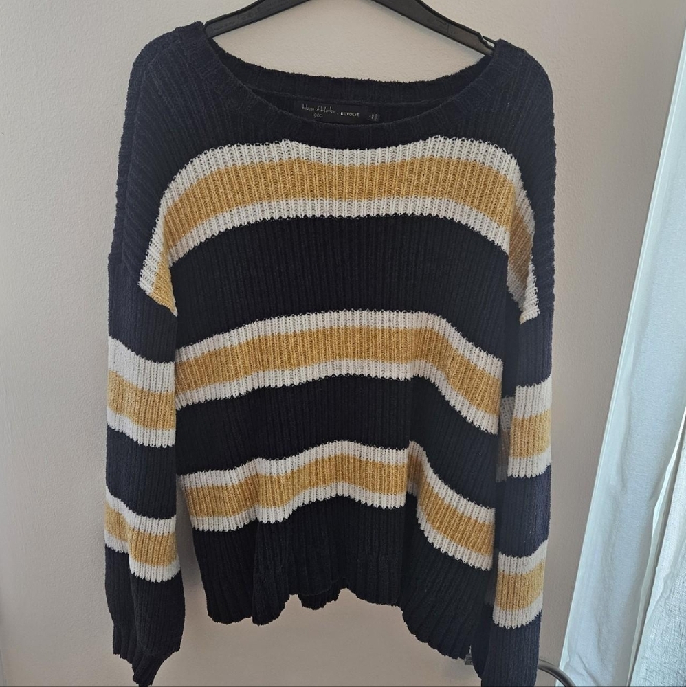 HOUSE OF HARLOW x REVOLVE Women's Navy Yellow Chunky Knit 'Cara' Sweater XL